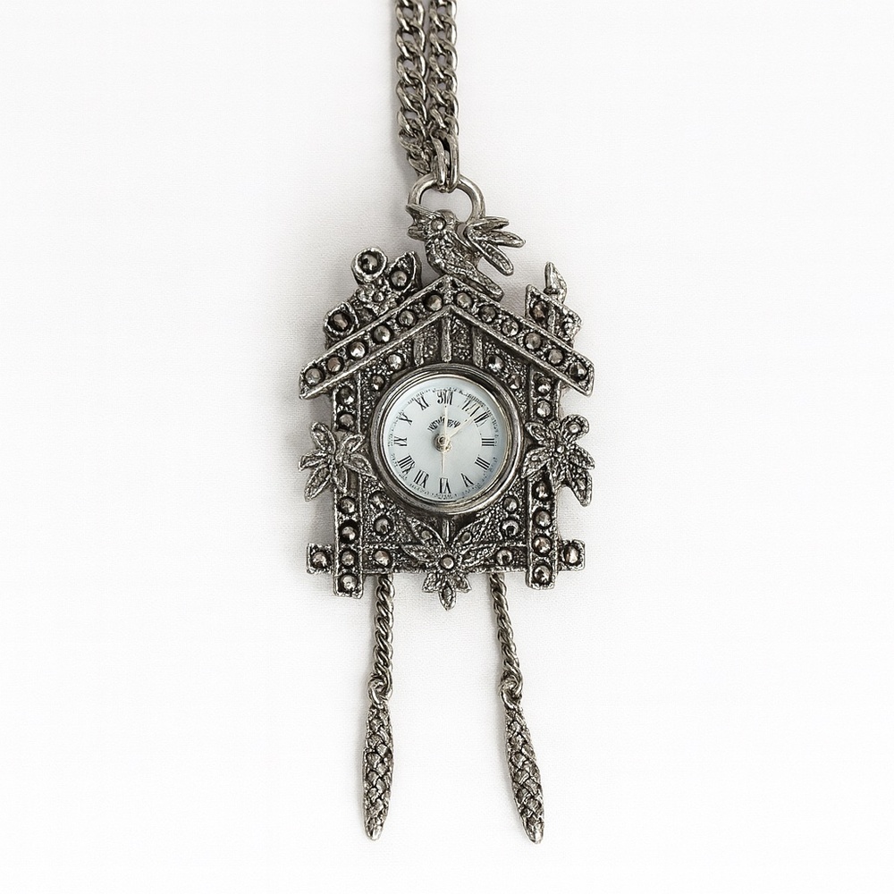 1990s‎ XANADU Cuckoo Clock Marcasite Silver Tone Quartz Watch Necklace Brooch